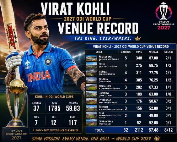 Virat Kohli 2027 ODI World Cup Venues Record